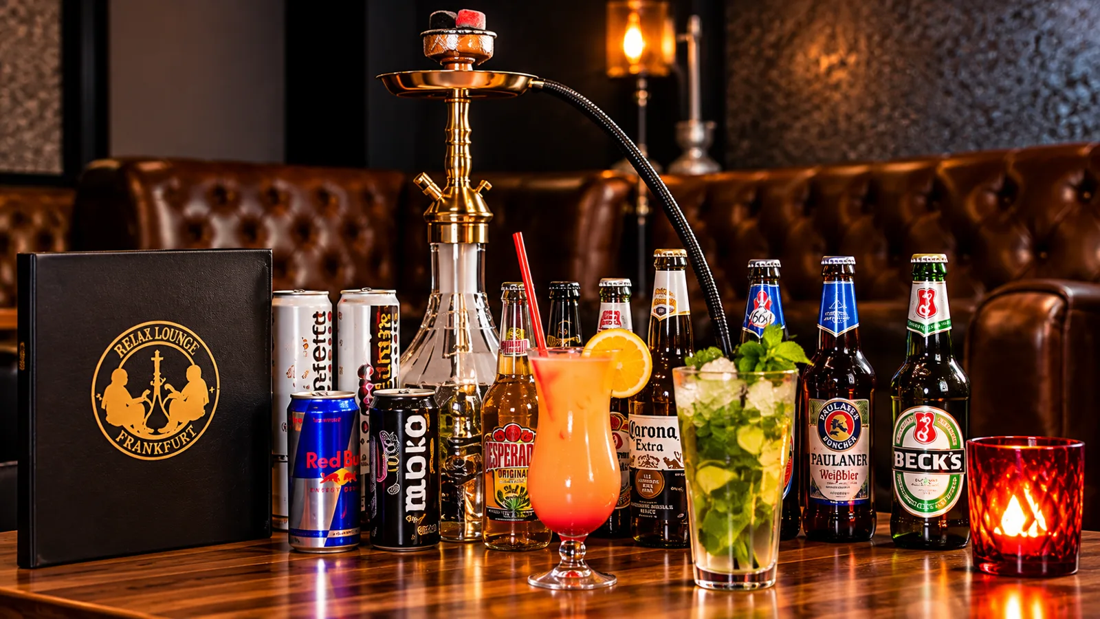 Shisha mit Cocktails und Getränken auf einem Tisch in der Lounge
