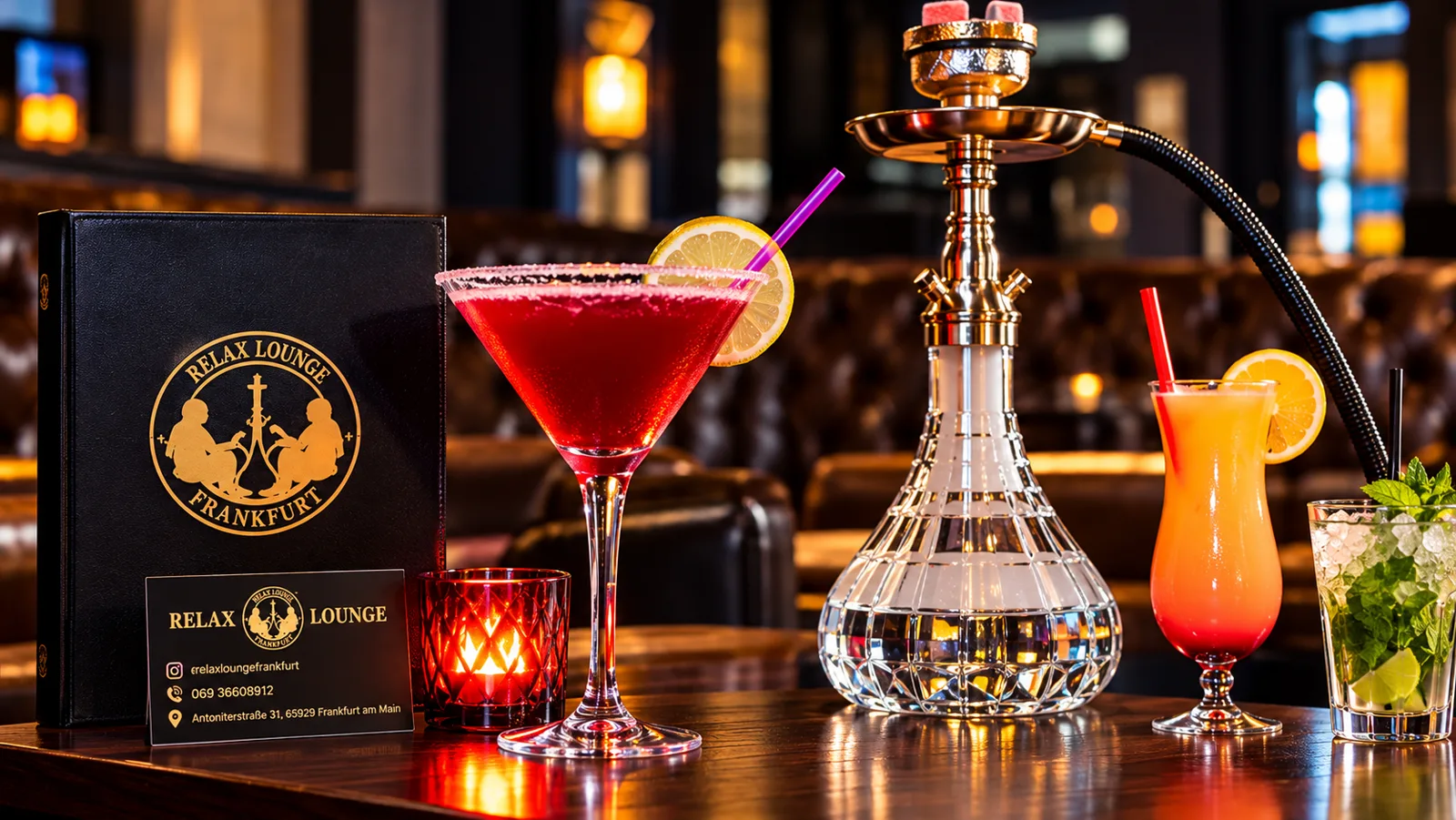 Cocktails neben einer Shisha in der Relax Lounge